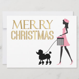 Cartão De Festividades Vintage Lady em poodle preto rosa Feliz Natal