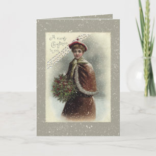 Cartão De Festividades Vintage Lady in Snow com Saudação de Natal