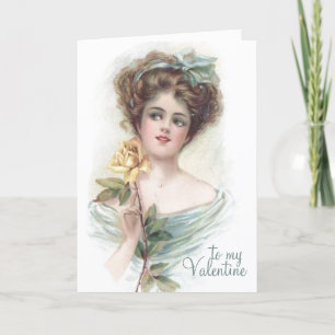 Cartão De Festividades Vintage Lady Yellow Rose Namorados Poem Romântico