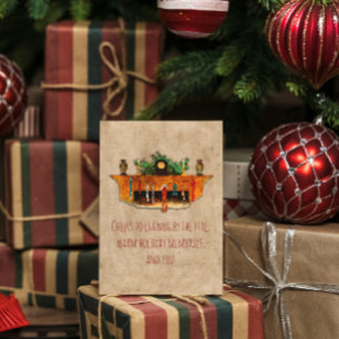 Cartão De Festividades Vintage Lareira Stockers Holly Cozy Natal