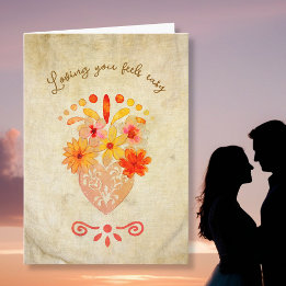 Cartão De Festividades Vintage Linen Floral Heart with Soft Golden Script