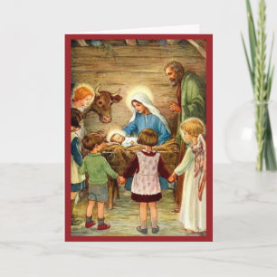 Cartão De Festividades Vintage Manger Scene Crianças de 1930 é bonita