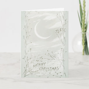 Cartão De Festividades Vintage Merry Christmas Tree Moon Sky Snow