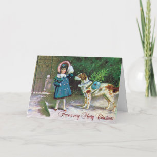 Cartão De Festividades VintagE Merry Christmas with Girl Dog