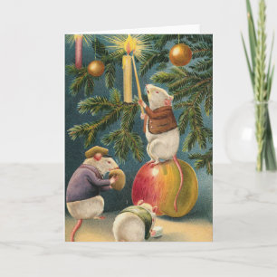 Cartão De Festividades Vintage mice lighting christmas tree