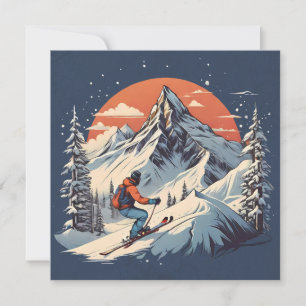 Cartão De Festividades Vintage Mountain Pine Skiing "Sunset laranja