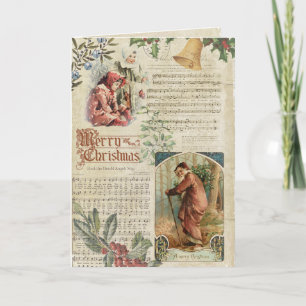 Cartão De Festividades Vintage Padre Natal e Música Ephemera