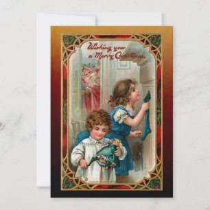 Cartão De Festividades Vintage Pai Natal e Crianças