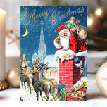 Cartão De Festividades Vintage Papai Noel Chimney Feliz Natal<br><div class="desc">Vintage Papai Noel Chimney Feliz Cartão de Natal. Este design mostra Papai Noel com sua Reindeer descendo pela chaminé. Que bela cena de feriado retrô. Personalize este design personalizado com sua própria saudação de dentro.</div>