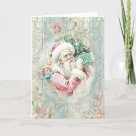 Cartão De Festividades Vintage Papai Noel cor-de-rosa na janela