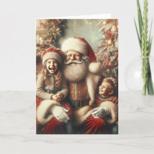 Cartão De Festividades Vintage Papai Noel e Crianças