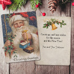 Cartão De Festividades Vintage Papais noeis com Presentes<br><div class="desc">Papais noeis da era vitoriana com bigodinos longos segurando parcelas amarradas com fita. Imagem complementar ao contrário com texto personalizável.</div>