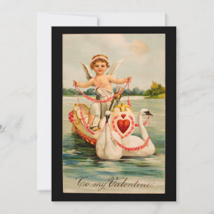 Cartão De Festividades Vintage Para o Meu Valentim Querubim e Cisnes Barc