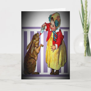 Cartão De Festividades Vintage Páscoa, alimentando um coelho, ZSSG