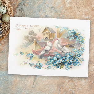 Cartão De Festividades Vintage Páscoa Dovs e Forget-Me-Nots