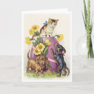 Cartão De Festividades Vintage Páscoa Kitten e Puppies.