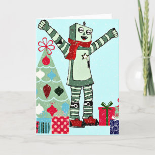 Cartão De Festividades Vintage Pastel Holiday Robot Boy, Tree & Gifts