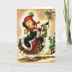 Cartão De Festividades Vintage Pequena Loura Com Presentes