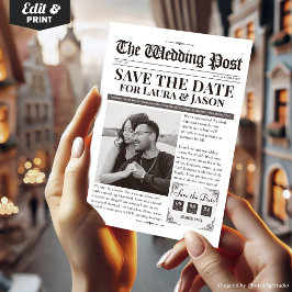 Cartão De Festividades Vintage Photo Save the Date Wedding Newpaper