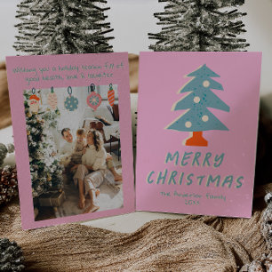 Cartão De Festividades Vintage Pink Azul Colorida Árvore Funky Natal