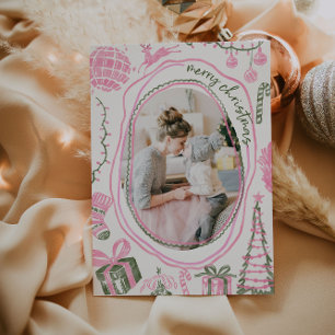 Cartão De Festividades Vintage Pink Christmas Watercolor Family Photo