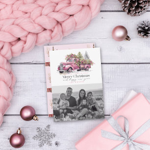 Cartão De Festividades Vintage Pink Fazenda Truck Foto da Árvore de Natal