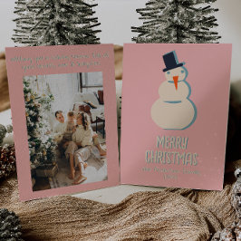Cartão De Festividades Vintage Pink Ilustrado Cream Snowman Natal