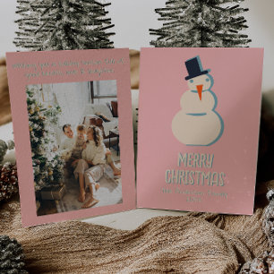 Cartão De Festividades Vintage Pink Ilustrado Cream Snowman Natal