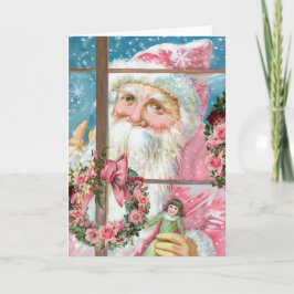 Cartão De Festividades Vintage Pink Papai Noel na Janela