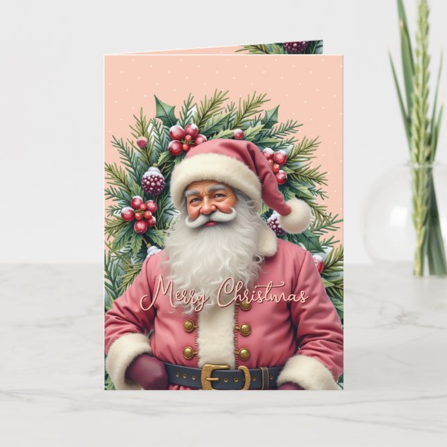 Cartão De Festividades Vintage Pink Santa Christmas (Frente)