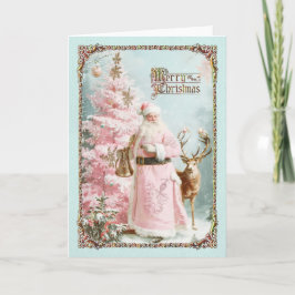 Cartão De Festividades Vintage Pink Santa Claus deer tree mint card