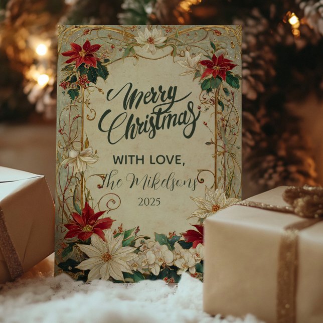 Cartão De Festividades Vintage Poinsettia e Holly Christmas (Criador carregado)