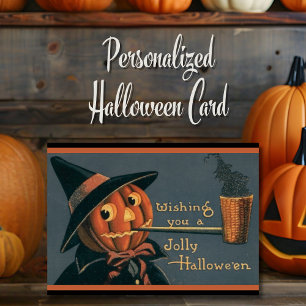 Cartão De Festividades Vintage Pumpkin Witch e Pipe Custom Halloween