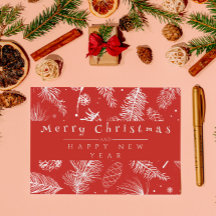 Vintage Red Botanic Line Art Feliz Natal