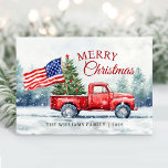 Cartão De Festividades Vintage Red Christmas Truck Bandeira de Natal<br><div class="desc">Vintage caminhão vermelho de Natal com árvore de Natal e cartão de Natal americano é uma forma festiva de mostrar seu amor pela América e enviar desejos de férias para seus amigos e família.</div>