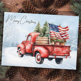Cartão De Festividades Vintage Red Christmas Truck USA Flag Patriotic