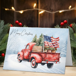 Cartão De Festividades Vintage Red Christmas Truck USA Flag Patriotic