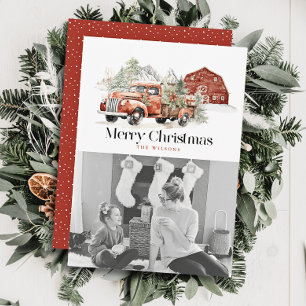 Cartão De Festividades Vintage Red Fazenda Truck Barn Foto de Natal