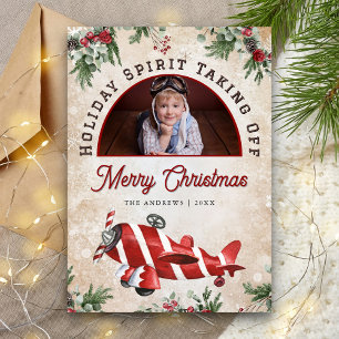 Cartão De Festividades Vintage Red Festive Airplane Foto de Natal