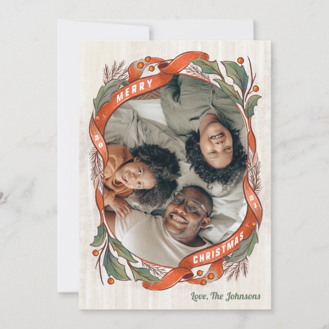 Cartão De Festividades Vintage Red Ribbons Holly Foto (Frente)