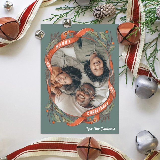 Cartão De Festividades Vintage Red Ribbons Holly Foto (Criador carregado)