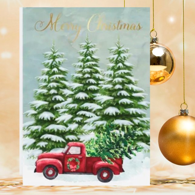 Cartão De Festividades Vintage Red Truck Árvores de Natal Russo (Criador carregado)