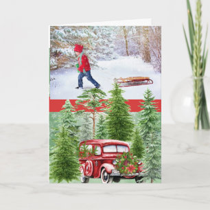 Cartão De Festividades Vintage Red Truck e Pine Forest Foto Natal