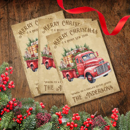 Cartão De Festividades Vintage Red Truck Feliz Feliz ano novo de Natal