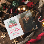 Cartão De Festividades Vintage Red Truck Foto de Natal<br><div class="desc">Cartão-tema de inverno de natal russo,  com um simples fundo branco,  árvores de mola aquática,  um caminhão vermelho-safra,  uma árvore de Natal,  uma foto familiar,  e sua própria mensagem de Natal personalizada.</div>