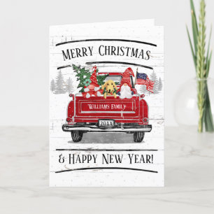 Cartão De Festividades Vintage Red Truck Gnomo Casal Cão Patriótico