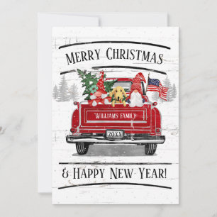 Cartão De Festividades Vintage Red Truck Gnomo Casal Patriótico Xmas