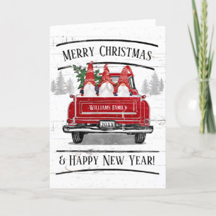 Cartão De Festividades Vintage Red Truck Gnomos Árvore de Natal Russo