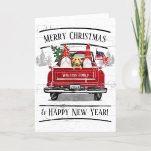 Cartão De Festividades Vintage Red Truck Gnomos Cão Patriótico Natal