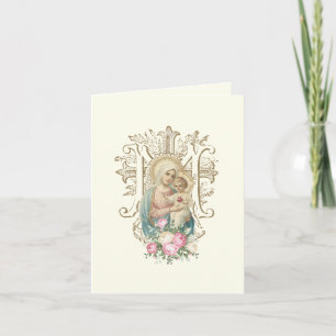 Cartão De Festividades Vintage Religioso Floral de Maria e o Menino